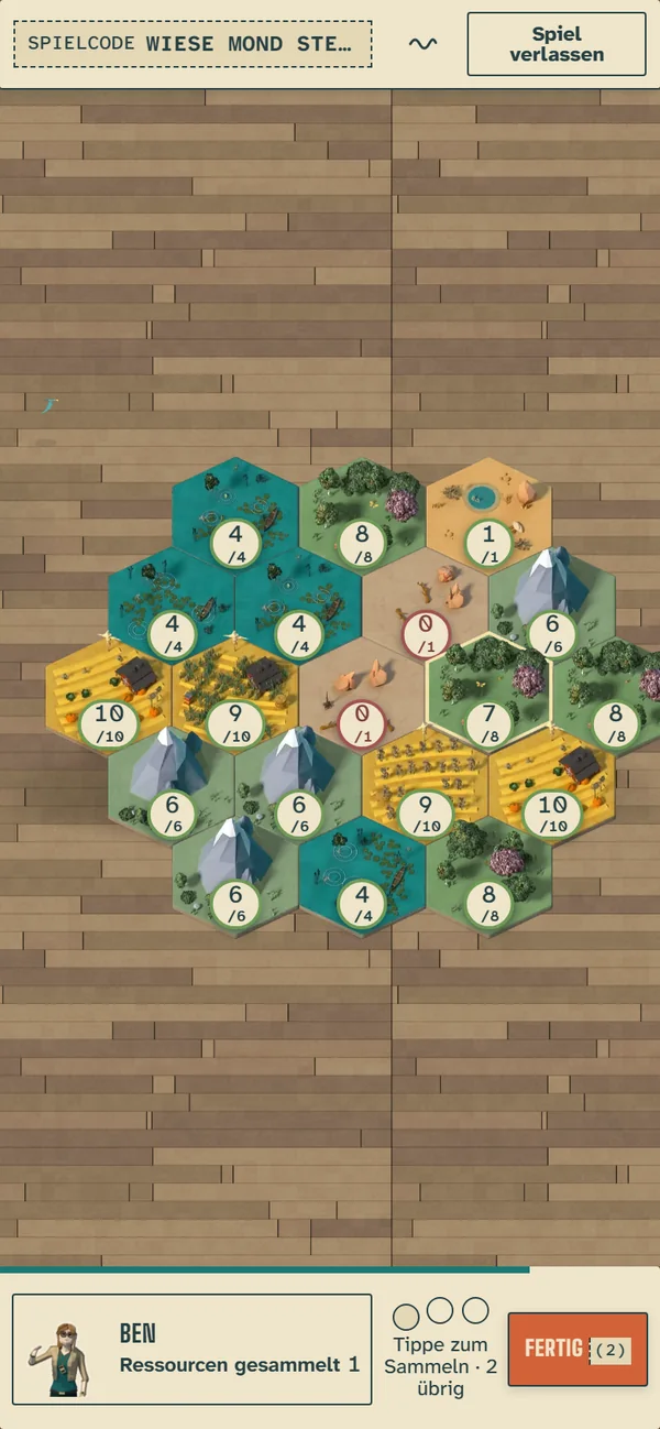 Das Handy einer Spielerin: das Brett zum Antippen, unten der eigene Name und die Aktionen der Runde
