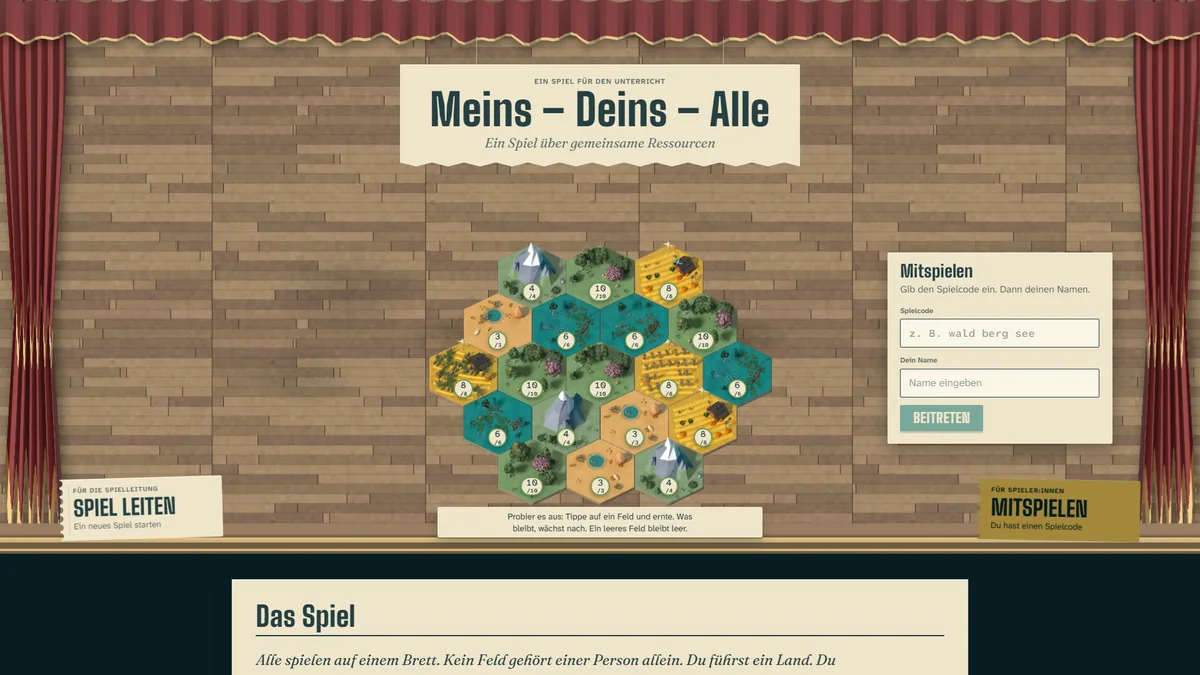 Die Startseite: der Titel über dem Brett, davor die Karten „Spiel leiten“ und „Mitspielen“
